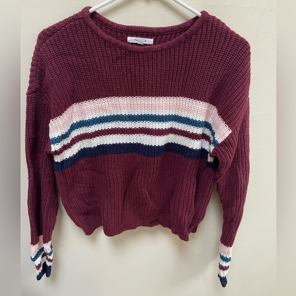 PacSun Rugby Stripe Cropped Sweater SZ S Burgundy Wine Red